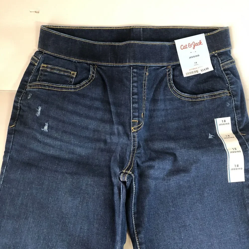 ⁠Cat & Jack Girls Jeggings Dark Vintage Blue Distressed Denim Jeans Size 18 NWT